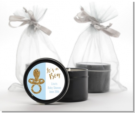 Gold Glitter Blue Pacifier - Baby Shower Black Candle Tin Favors