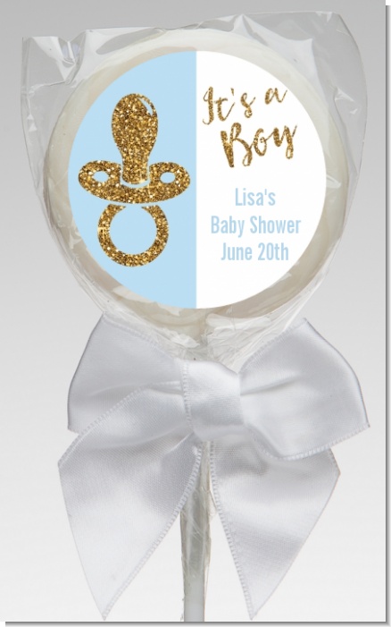 Gold Glitter Blue Pacifier - Personalized Baby Shower Lollipop Favors