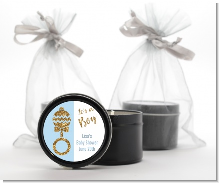 Gold Glitter Blue Rattle - Baby Shower Black Candle Tin Favors