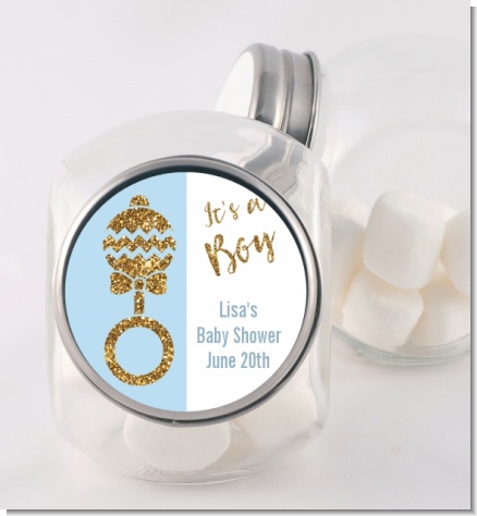 Gold Glitter Blue Rattle - Personalized Baby Shower Candy Jar