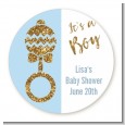 Gold Glitter Blue Rattle - Round Personalized Baby Shower Sticker Labels thumbnail