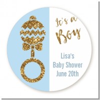 Gold Glitter Blue Rattle - Round Personalized Baby Shower Sticker Labels