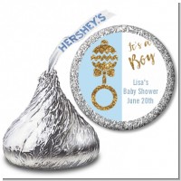 Gold Glitter Blue Rattle - Hershey Kiss Baby Shower Sticker Labels