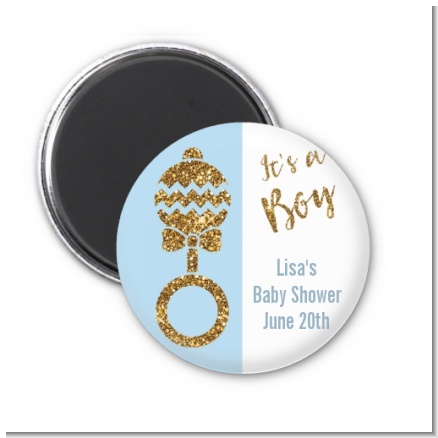 Gold Glitter Blue Rattle - Personalized Baby Shower Magnet Favors