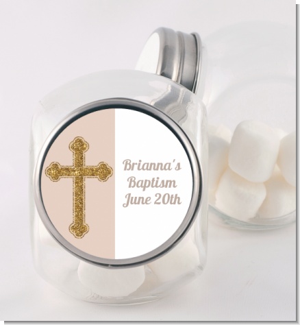 Gold Glitter Cross Beige - Personalized Baptism / Christening Candy Jar