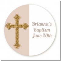 Gold Glitter Cross Beige - Round Personalized Baptism / Christening Sticker Labels