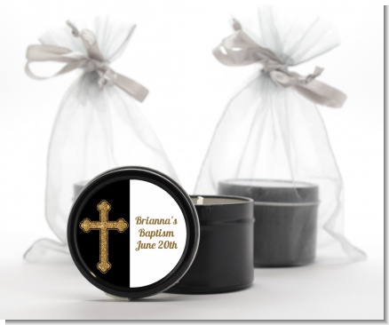 Gold Glitter Cross Black - Baptism / Christening Black Candle Tin Favors