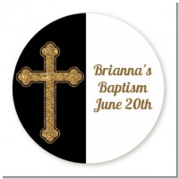 Gold Glitter Cross Black - Round Personalized Baptism / Christening Sticker Labels