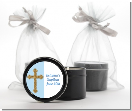 Gold Glitter Cross Blue - Baptism / Christening Black Candle Tin Favors