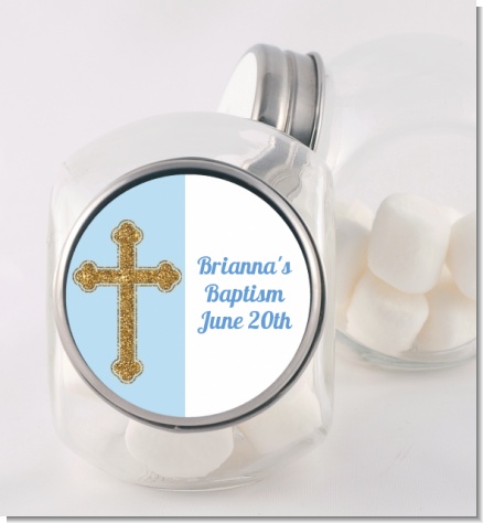 Gold Glitter Cross Blue - Personalized Baptism / Christening Candy Jar