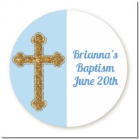 Gold Glitter Cross Blue - Round Personalized Baptism / Christening Sticker Labels