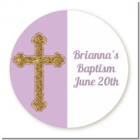 Gold Glitter Cross Lavendar - Round Personalized Baptism / Christening Sticker Labels