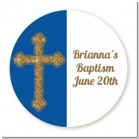 Gold Glitter Cross Navy Blue - Round Personalized Baptism / Christening Sticker Labels