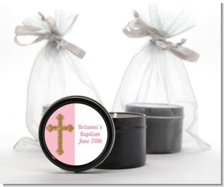 Gold Glitter Cross Pink - Baptism / Christening Black Candle Tin Favors