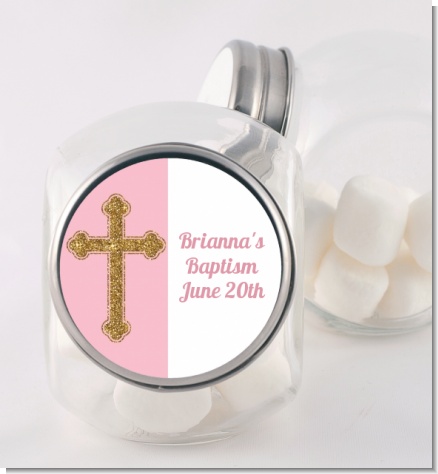 Gold Glitter Cross Pink - Personalized Baptism / Christening Candy Jar