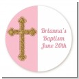 Gold Glitter Cross Pink - Round Personalized Baptism / Christening Sticker Labels thumbnail