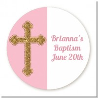 Gold Glitter Cross Pink - Round Personalized Baptism / Christening Sticker Labels