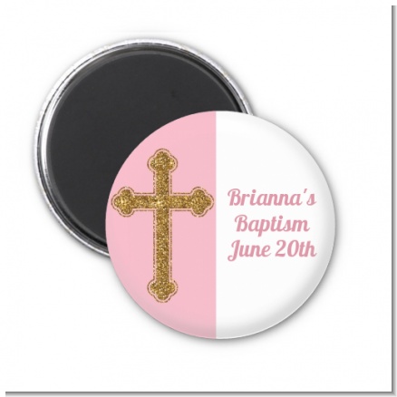 Gold Glitter Cross Pink - Personalized Baptism / Christening Magnet Favors