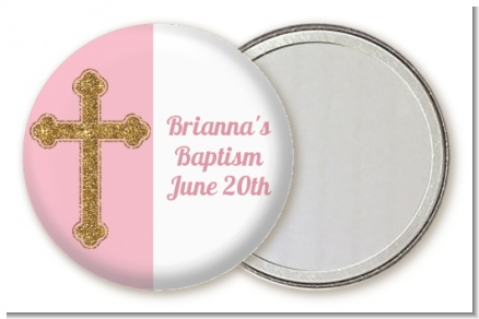 Gold Glitter Cross Pink - Personalized Baptism / Christening Pocket Mirror Favors