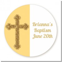 Gold Glitter Cross Yellow - Round Personalized Baptism / Christening Sticker Labels