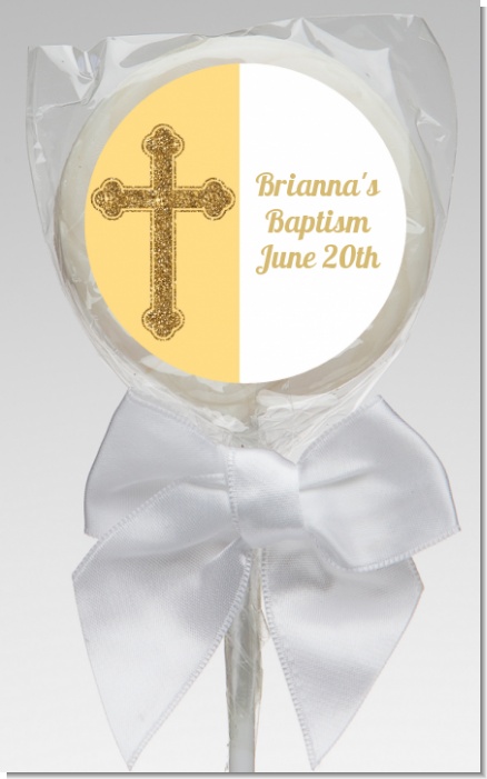 Gold Glitter Cross Yellow - Personalized Baptism / Christening Lollipop Favors