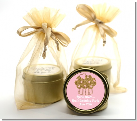 Gold Glitter Cupcake - Birthday Party Gold Tin Candle Favors