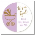 Gold Glitter Lavender Carriage - Round Personalized Baby Shower Sticker Labels thumbnail