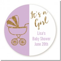 Gold Glitter Lavender Carriage - Round Personalized Baby Shower Sticker Labels