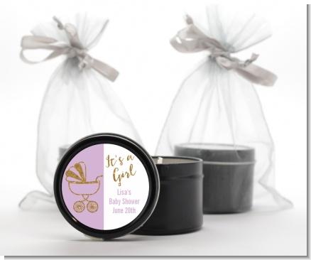 Gold Glitter Lavender Carriage - Baby Shower Black Candle Tin Favors