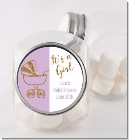 Gold Glitter Lavender Carriage - Personalized Baby Shower Candy Jar