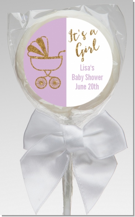 Gold Glitter Lavender Carriage - Personalized Baby Shower Lollipop Favors