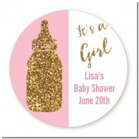 Gold Glitter Pink Baby Bottle - Round Personalized Baby Shower Sticker Labels