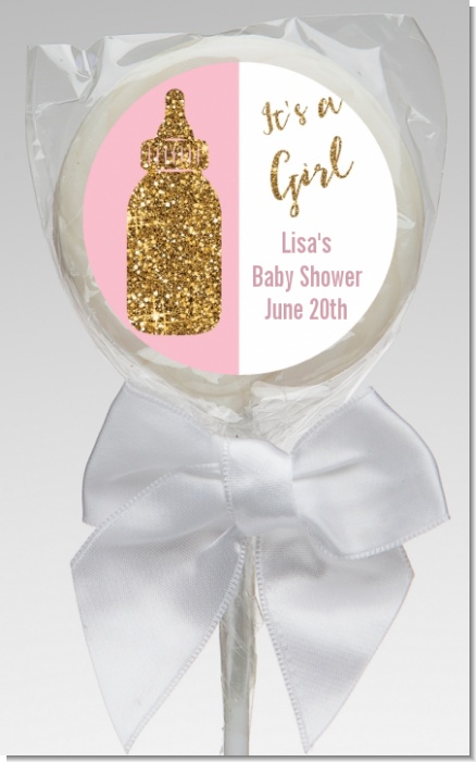Gold Glitter Pink Baby Bottle - Personalized Baby Shower Lollipop Favors