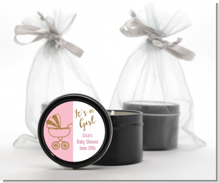 Gold Glitter Pink Carriage - Baby Shower Black Candle Tin Favors
