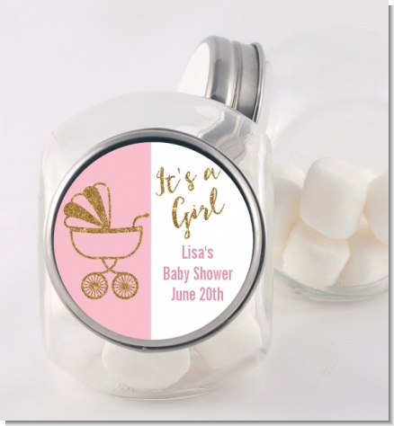 Gold Glitter Pink Carriage - Personalized Baby Shower Candy Jar