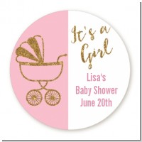 Gold Glitter Pink Carriage - Round Personalized Baby Shower Sticker Labels
