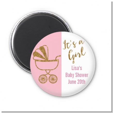 Gold Glitter Pink Carriage - Personalized Baby Shower Magnet Favors