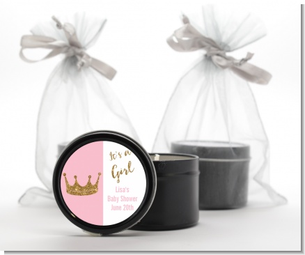 Gold Glitter Pink Crown - Baby Shower Black Candle Tin Favors