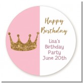Gold Glitter Pink Crown - Round Personalized Birthday Party Sticker Labels