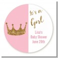 Gold Glitter Pink Crown - Round Personalized Baby Shower Sticker Labels thumbnail