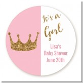 Gold Glitter Pink Crown - Round Personalized Baby Shower Sticker Labels