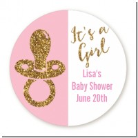 Gold Glitter Pink Pacifier - Round Personalized Baby Shower Sticker Labels