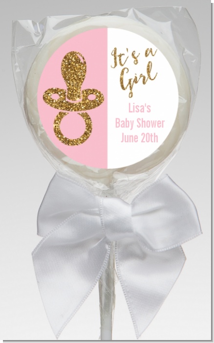 Gold Glitter Pink Pacifier - Personalized Baby Shower Lollipop Favors