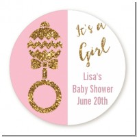 Gold Glitter Pink Rattle - Round Personalized Baby Shower Sticker Labels