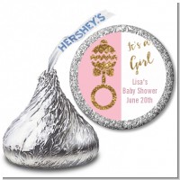 Gold Glitter Pink Rattle - Hershey Kiss Baby Shower Sticker Labels