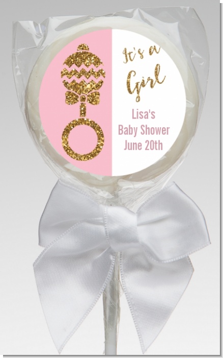 Gold Glitter Pink Rattle - Personalized Baby Shower Lollipop Favors