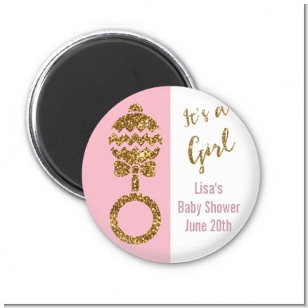 Gold Glitter Pink Rattle - Personalized Baby Shower Magnet Favors