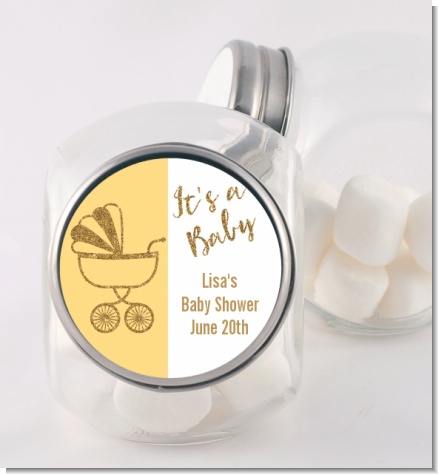 Gold Glitter Yellow Carriage - Personalized Baby Shower Candy Jar
