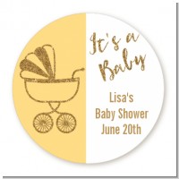 Gold Glitter Yellow Carriage - Round Personalized Baby Shower Sticker Labels
