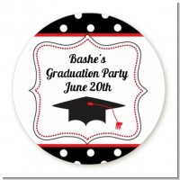 Graduation Cap Black & Red - Round Personalized Graduation Party Sticker Labels